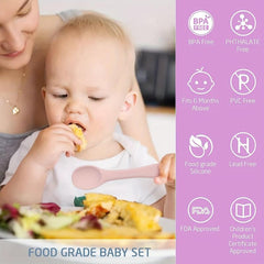 5pcs BPA Silicone Baby Feeding Set Bib Bowl Plate Spoon Fork