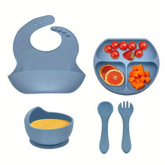 5pcs BPA Silicone Baby Feeding Set Bib Bowl Plate Spoon Fork