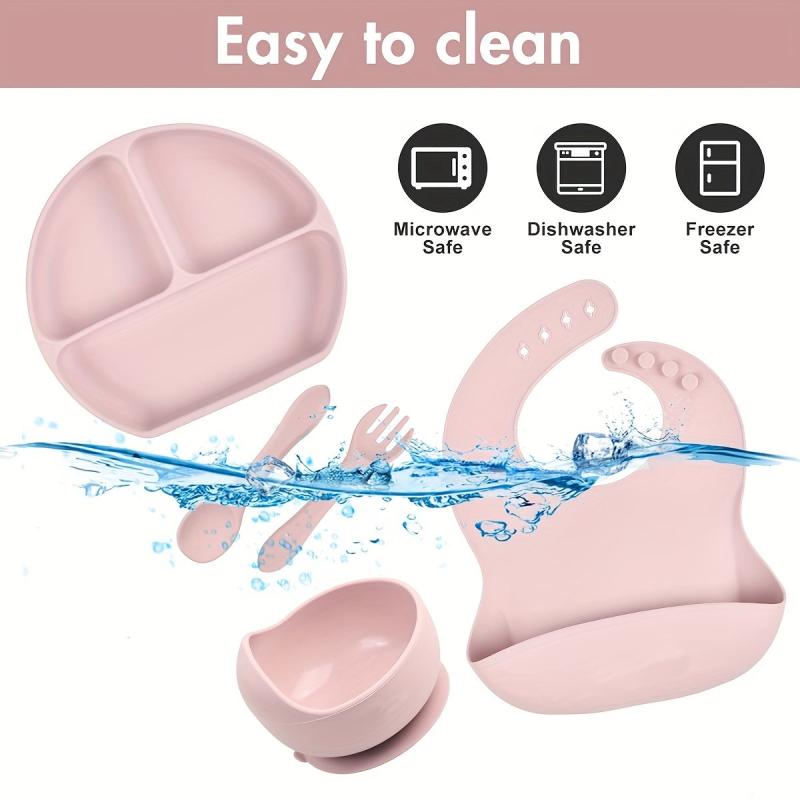 5pcs BPA Silicone Baby Feeding Set Bib Bowl Plate Spoon Fork