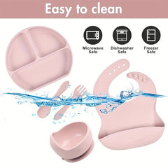 5pcs BPA Silicone Baby Feeding Set Bib Bowl Plate Spoon Fork