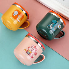 Children's Cartoon Stainless Steel Milk Cup with Lid Straw