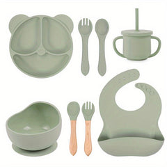 Kids Bear Dinner Set with Straw Cup, Wooden Utensils, and Bib