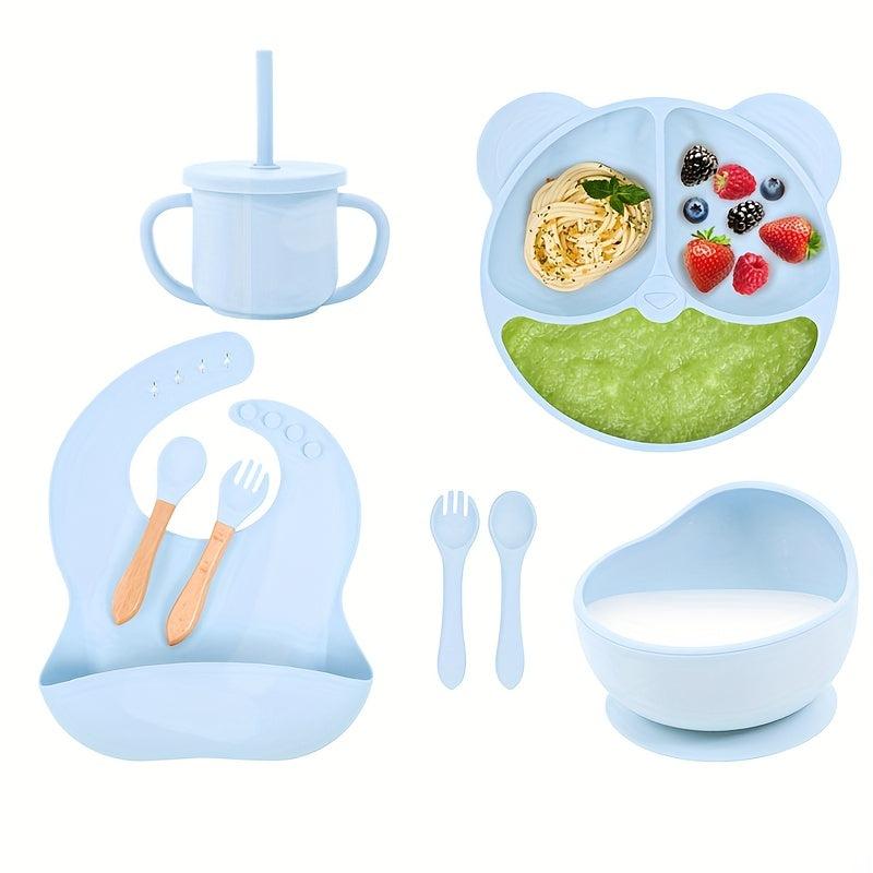 Kids Bear Dinner Set with Straw Cup, Wooden Utensils, and Bib