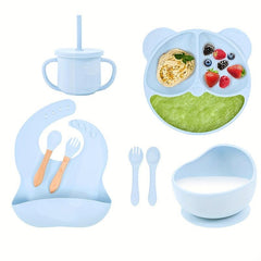 Kids Bear Dinner Set with Straw Cup, Wooden Utensils, and Bib
