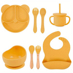 Kids Bear Dinner Set with Straw Cup, Wooden Utensils, and Bib