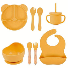 Kids Bear Dinner Set with Straw Cup, Wooden Utensils, and Bib
