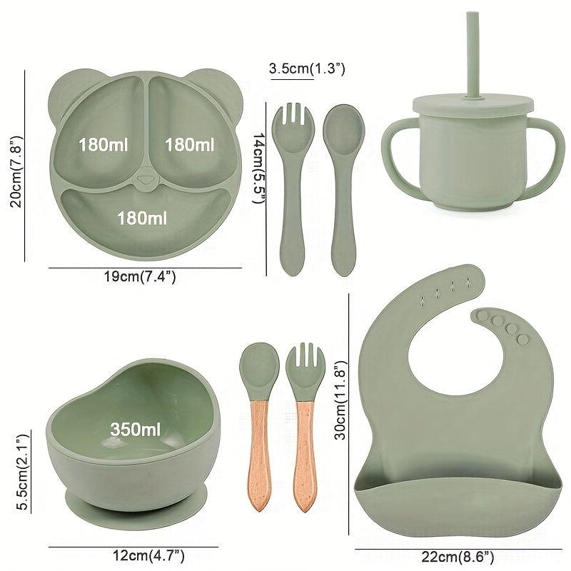 Kids Bear Dinner Set with Straw Cup, Wooden Utensils, and Bib