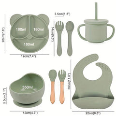 Kids Bear Dinner Set with Straw Cup, Wooden Utensils, and Bib