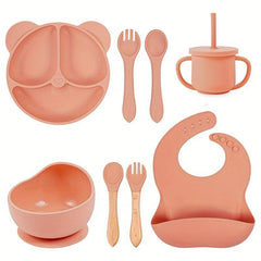 Kids Bear Dinner Set with Straw Cup, Wooden Utensils, and Bib