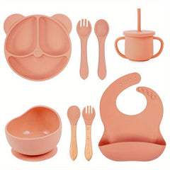 Kids Bear Dinner Set with Straw Cup, Wooden Utensils, and Bib