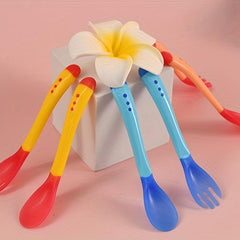 Baby Spoon & Fork Feeding Set Silicone Tip Heat Sensitive Toddler Utensil