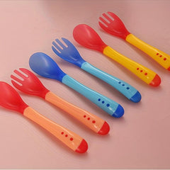 Baby Spoon & Fork Feeding Set Silicone Tip Heat Sensitive Toddler Utensil