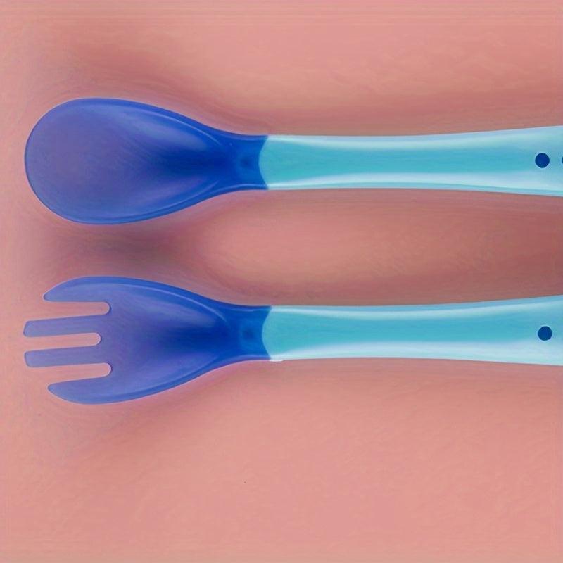 Baby Spoon & Fork Feeding Set Silicone Tip Heat Sensitive Toddler Utensil