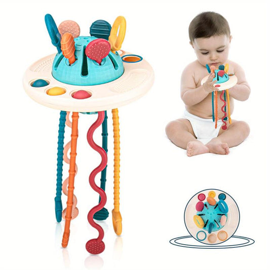 Montessori Silicone Pull Cord Baby Toy 3-in-1 Travel Sensory Interactive Toy
