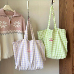 Checkered Embroidered Letter Tote Bag Large Capacity Mommy Bag