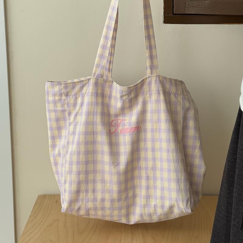 Checkered Embroidered Letter Tote Bag Large Capacity Mommy Bag