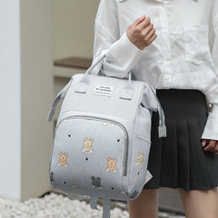 Stylish Gray Diaper Bag with Bear and Cloud Design
