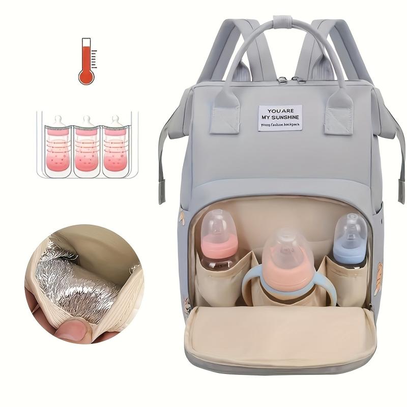 Stylish Gray Diaper Bag with Bear and Cloud Design