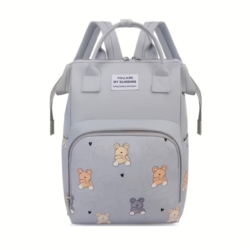 Stylish Gray Diaper Bag with Bear and Cloud Design