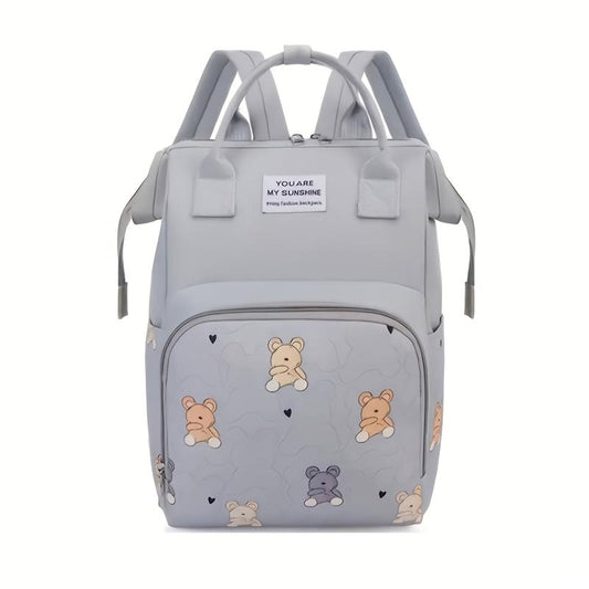 Stylish Gray Diaper Bag with Bear and Cloud Design