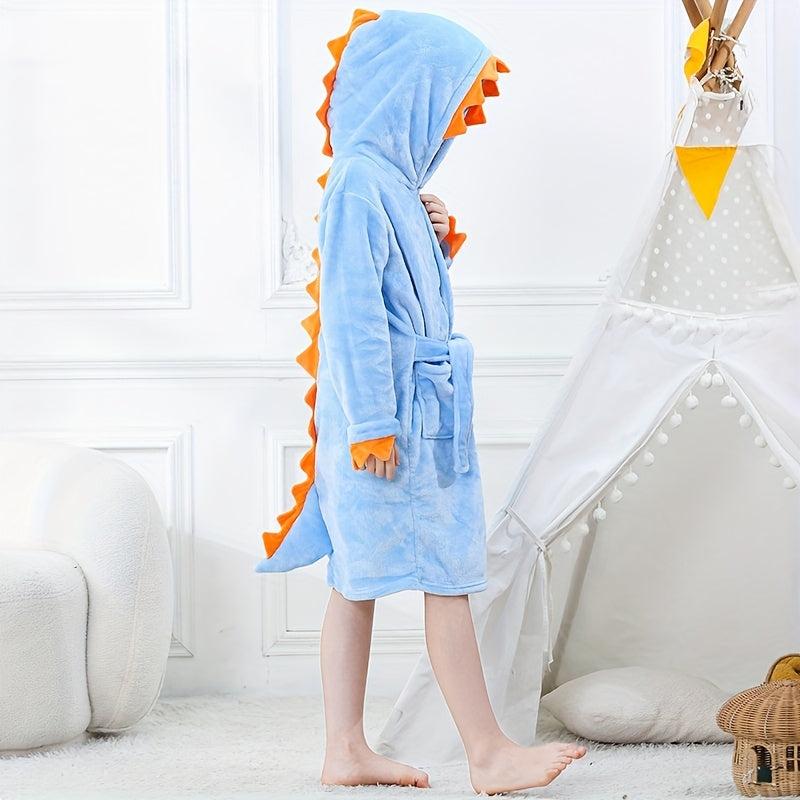 Soft Flannel Dinosaur Bathrobe for Kids Green Long Sleeves Cozy Polyester
