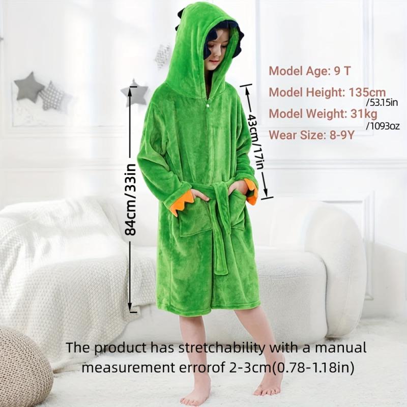 Soft Flannel Dinosaur Bathrobe for Kids Green Long Sleeves Cozy Polyester