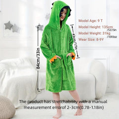 Soft Flannel Dinosaur Bathrobe for Kids Green Long Sleeves Cozy Polyester