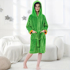 Soft Flannel Dinosaur Bathrobe for Kids Green Long Sleeves Cozy Polyester