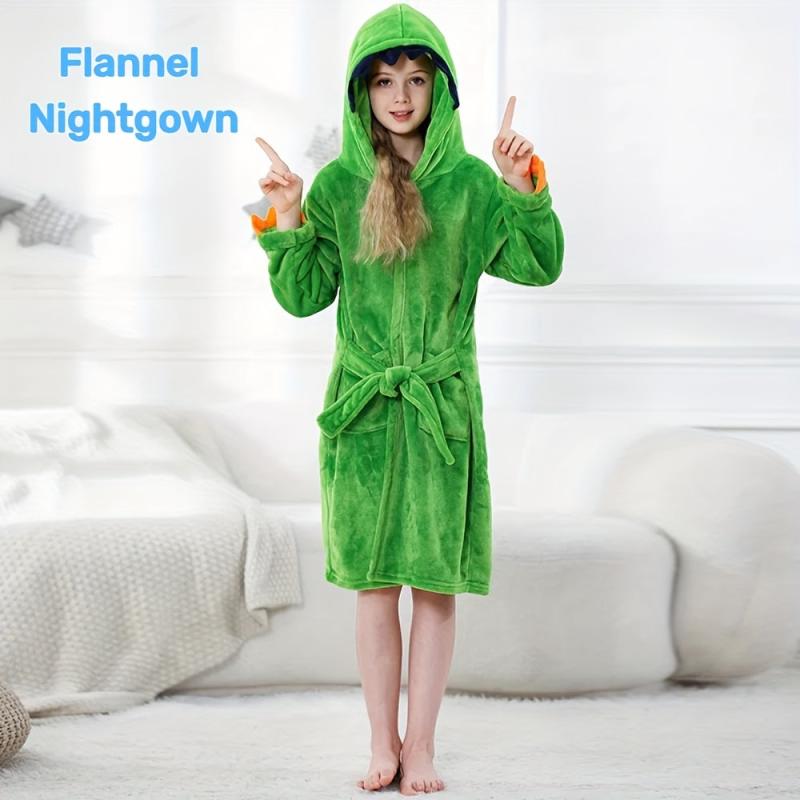 Soft Flannel Dinosaur Bathrobe for Kids Green Long Sleeves Cozy Polyester