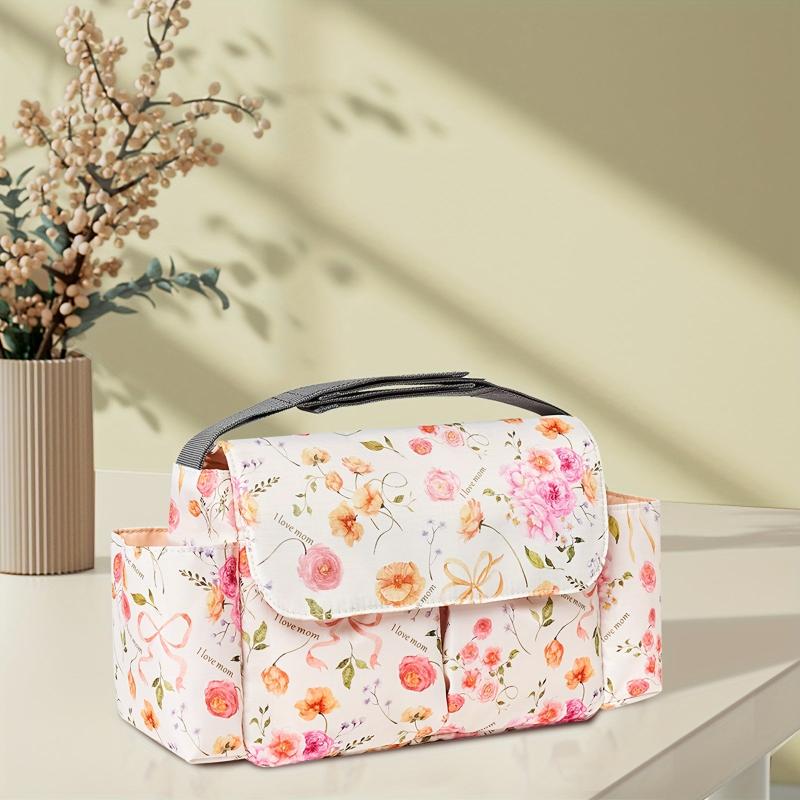 Floral Nylon Diaper Bag with Bottle Holder Multifunctional Stroller Organizer