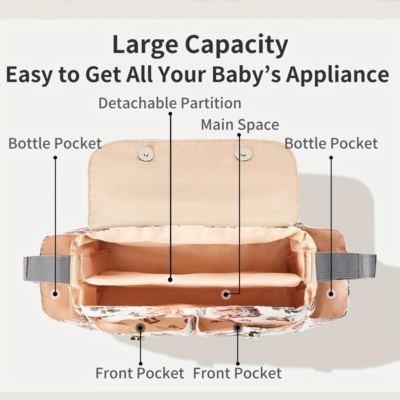 Floral Nylon Diaper Bag with Bottle Holder Multifunctional Stroller Organizer