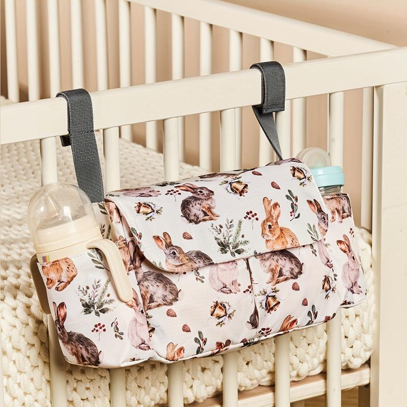 Floral Nylon Diaper Bag with Bottle Holder Multifunctional Stroller Organizer