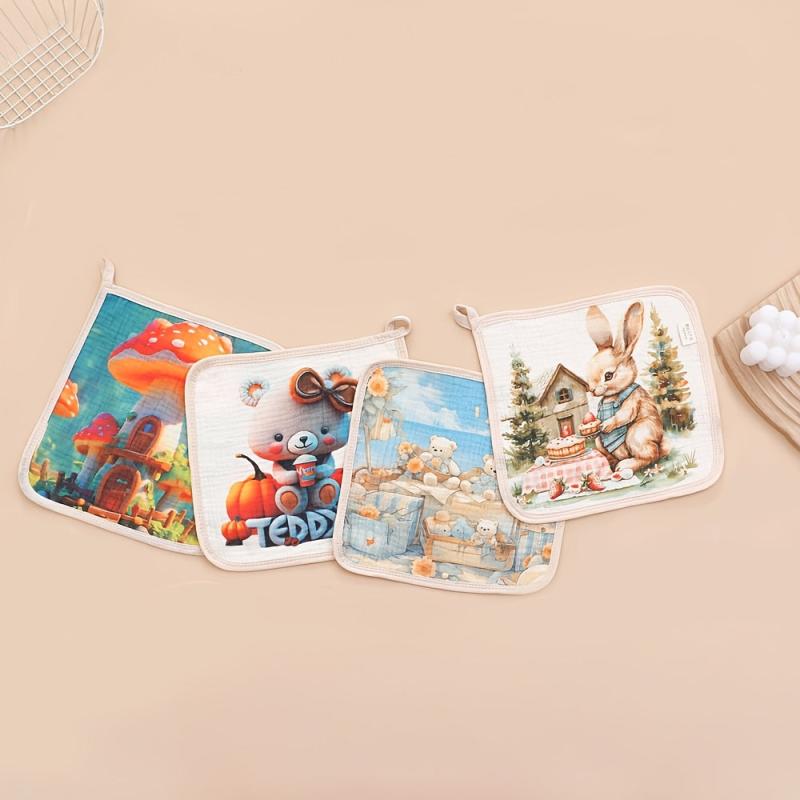 Set of 4 Assorted Cartoon Washcloths with 6 Layer Absorbent Squares