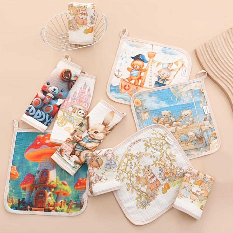 Set of 4 Assorted Cartoon Washcloths with 6 Layer Absorbent Squares