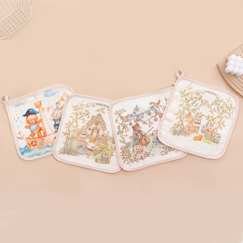 Set of 4 Assorted Cartoon Washcloths with 6 Layer Absorbent Squares