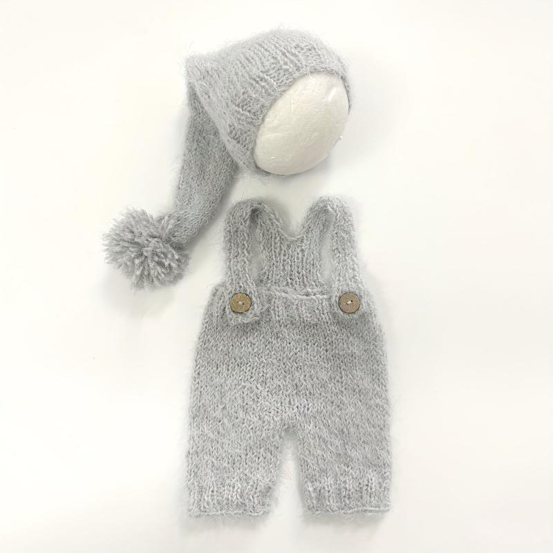 Wool Romper and Cap Mohair Overalls Set