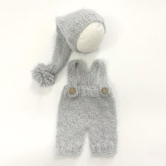 Wool Romper and Cap Mohair Overalls Set