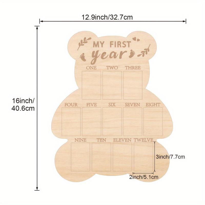 Bear Shaped Wooden 12 Month Keepsake Board for Baby's First Year Photos