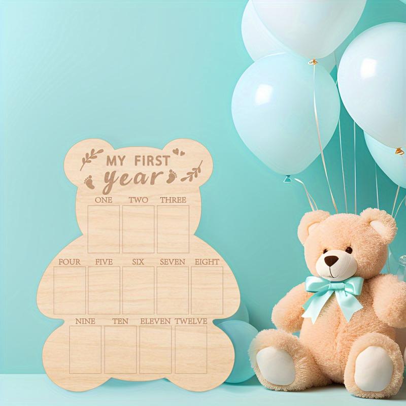 Bear Shaped Wooden 12 Month Keepsake Board for Baby's First Year Photos
