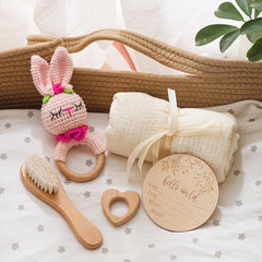 Rabbit Catch Toy Knitted Rattle with Soft Towel & Goat Hair Brush