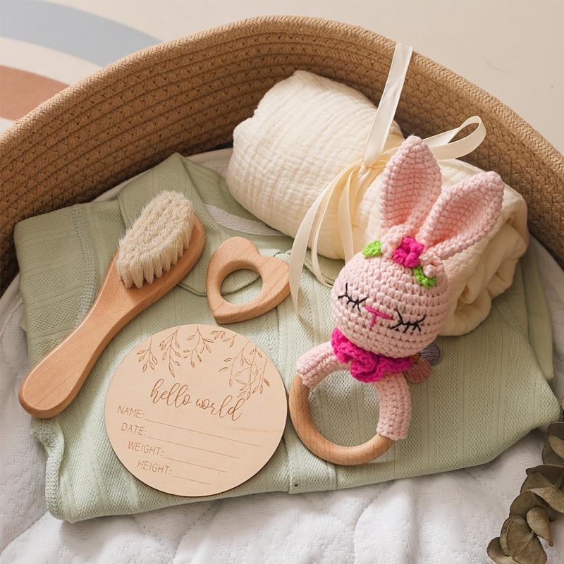 Rabbit Catch Toy Knitted Rattle with Soft Towel & Goat Hair Brush