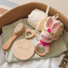 Rabbit Catch Toy Knitted Rattle with Soft Towel & Goat Hair Brush