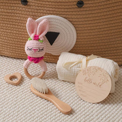 Rabbit Catch Toy Knitted Rattle with Soft Towel & Goat Hair Brush