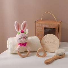 Rabbit Catch Toy Knitted Rattle with Soft Towel & Goat Hair Brush