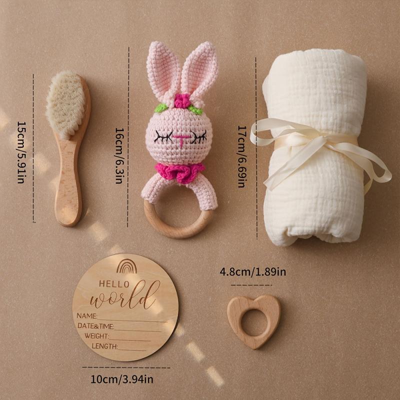 Rabbit Catch Toy Knitted Rattle with Soft Towel & Goat Hair Brush