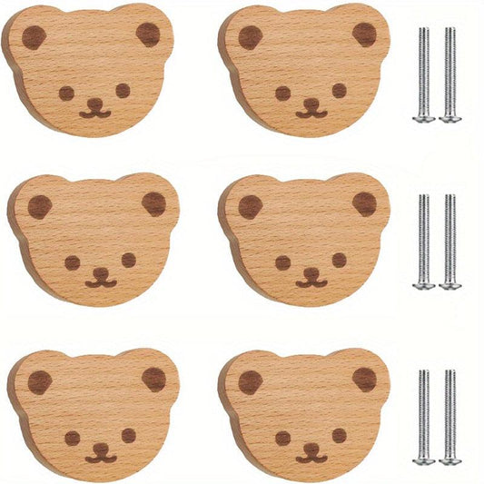 6pcs Boho Bear Shaped Wood Dresser Knobs with Mounting Screws