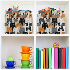 Set of 2 Cat Pattern Storage Baskets - Foldable Cloth Cube Basket
