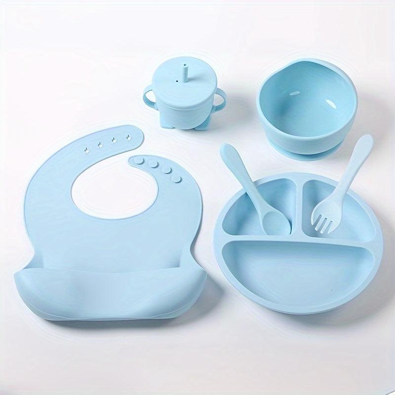 6pcs Silicone Dining Set for Ages 3-6, Beige/Deep Pink/Cyan