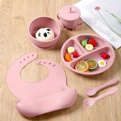 6pcs Silicone Dining Set for Ages 3-6, Beige/Deep Pink/Cyan