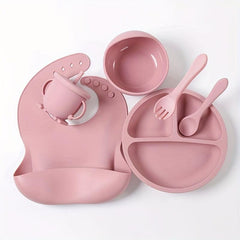 6pcs Silicone Dining Set for Ages 3-6, Beige/Deep Pink/Cyan